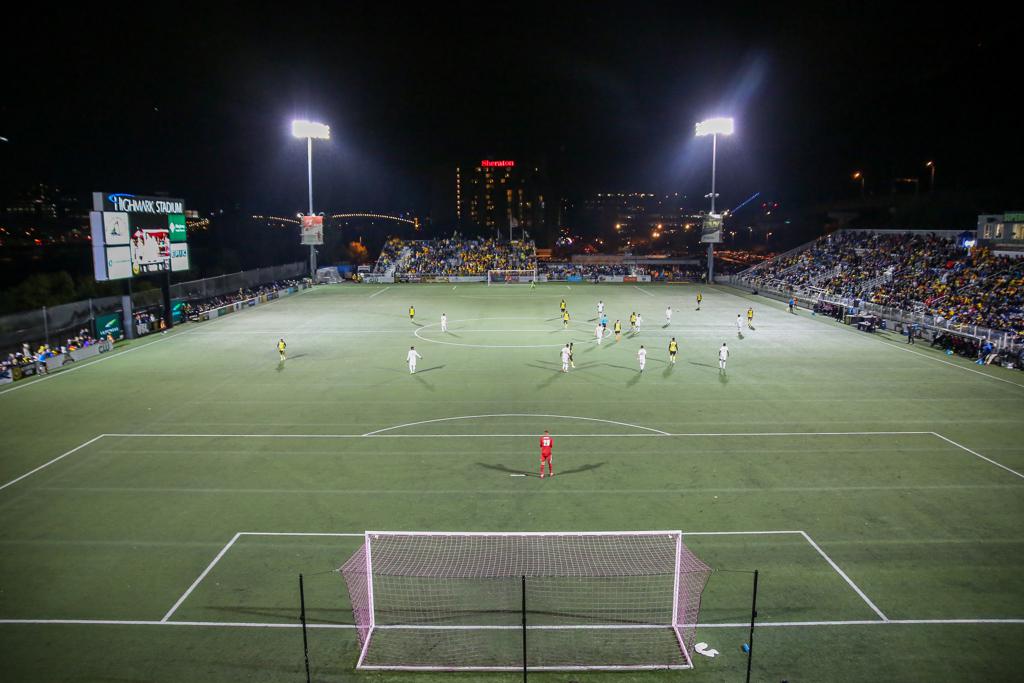 Picture of a Pittsburgh Riverhounds  night game at Highmark stadium.