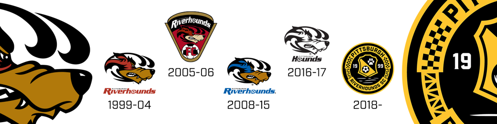 Picture of all the different logos that the Pittsburgh Riverhounds have had in club history.