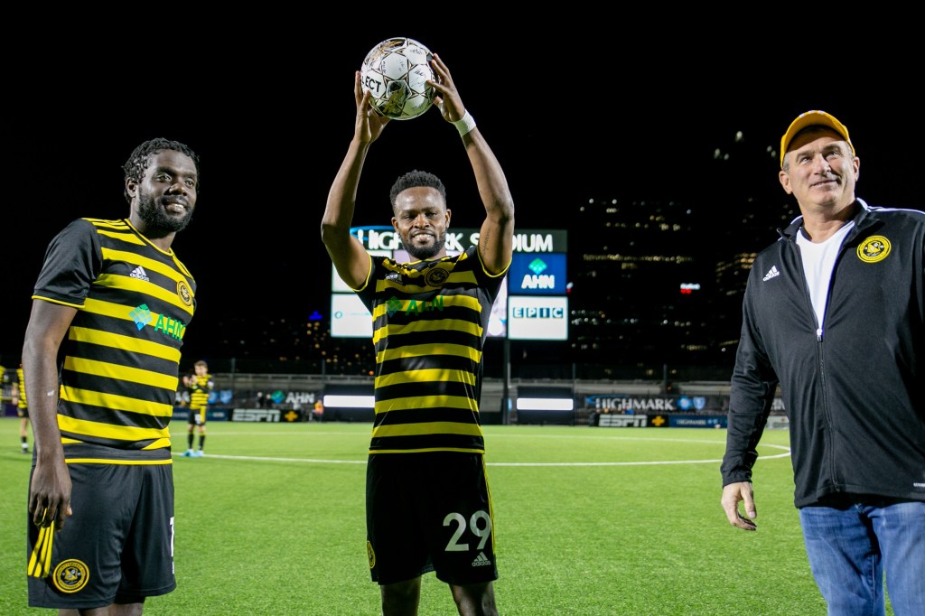 Pittsburgh Riverhounds SC players prior to a soccer match