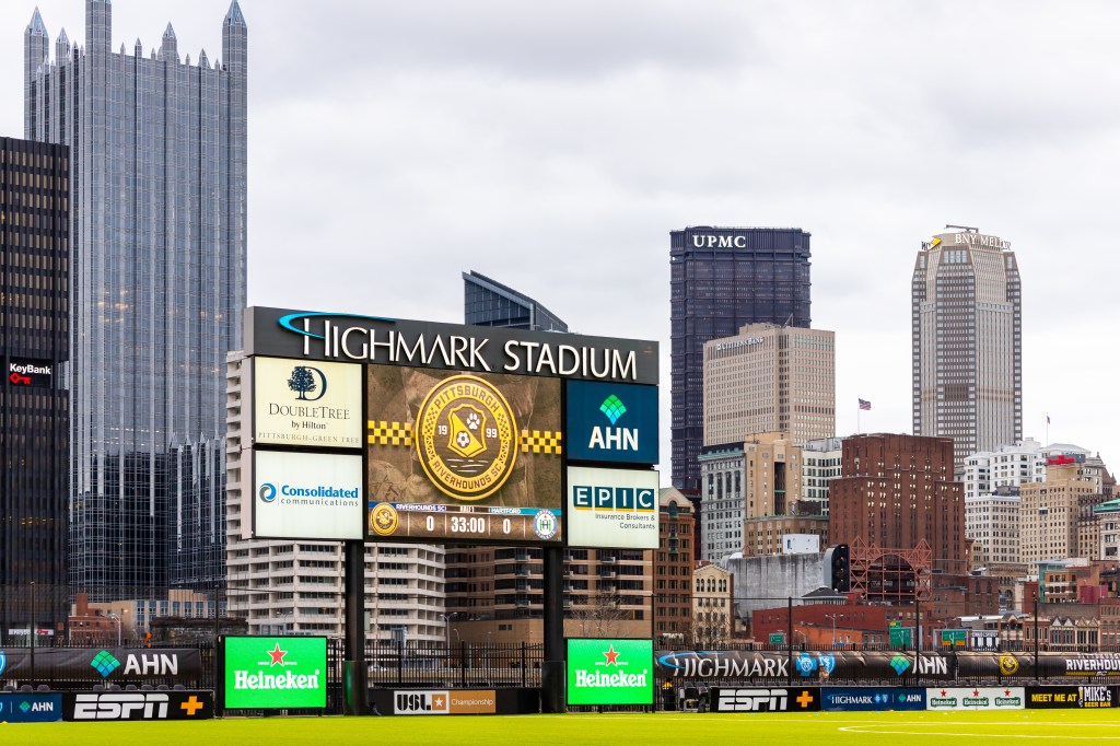 Highmark Stadium - Pittsburgh Riverhounds SC game with Pittsburgh backdrop