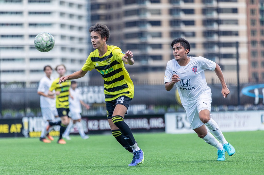 Anders Bordoy chases down the ball in the Pittsburgh Riverhounds' USL Academy League match against Indy Eleven.