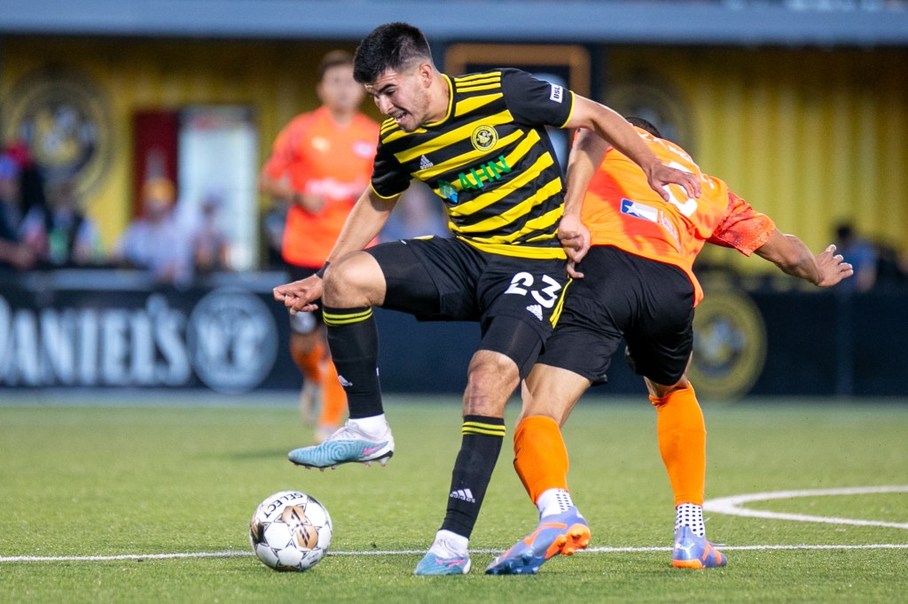 Marc Ybarra controls the ball in midfield during the Riverhounds' 2-0 win over Rio Grande Valley at Highmark Stadium on Saturday, April 15, 2023.