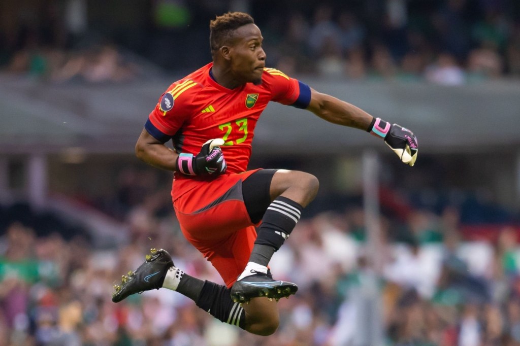Goalkeeper Jahmali Waite celebrates during Jamaica's CONCACAF Nations League match against Mexico at Estadio Azteca in Mexico City on March 26, 2023.