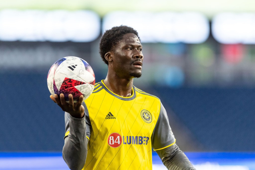 DZ Harmon takes a throw-in for the Riverhounds in their 1-0 win at the New England Revolution in the U.S. Open Cup on May 9, 2023 at Gillette Stadium in Foxborough, Mass.