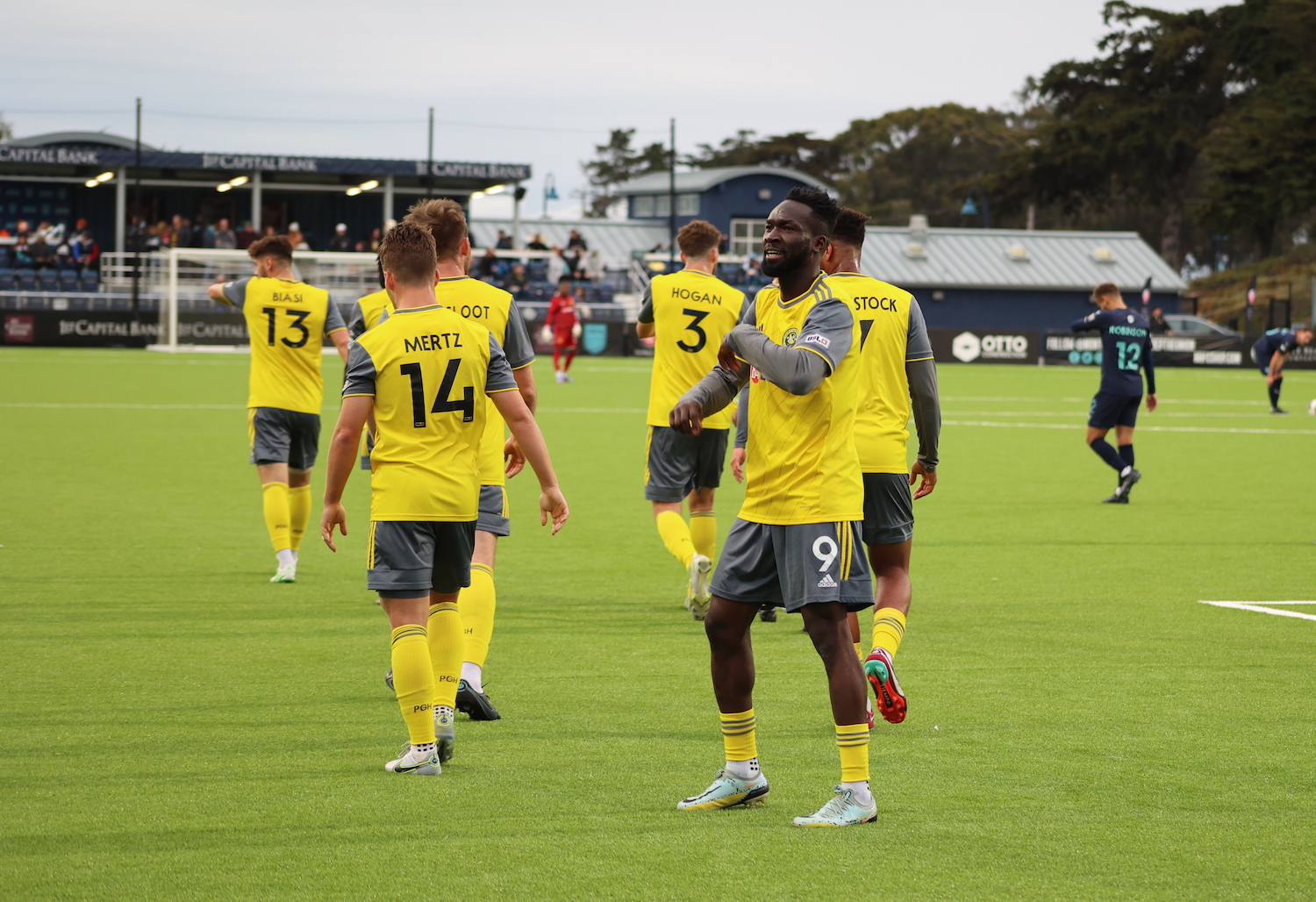 Albert Dikwa celebrates after scoring his first goal in the Riverhounds' 2-2 draw at Monterey Bay FC on May 5, 2023 in Seaside, Calif.