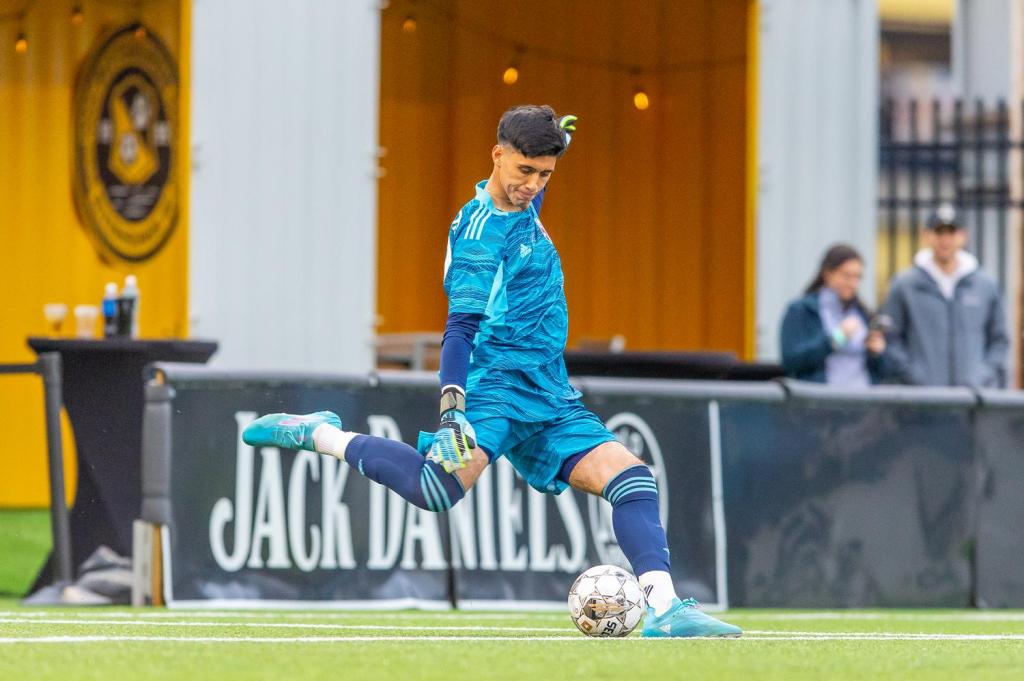 Luis Zamudio takes a goal kick for Loudoun United FC in their April 2, 2022 match against the Riverhounds at Highmark Stadium.