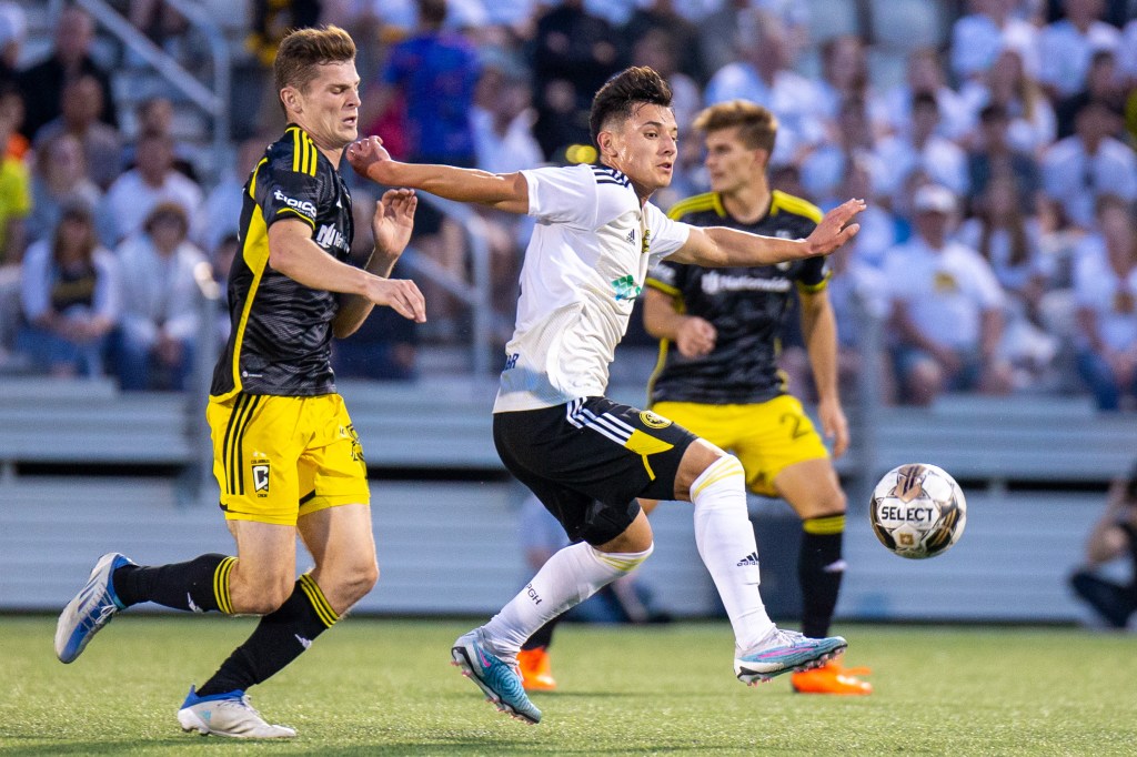 Danny Griffin controls the ball in the Riverhounds' 1-0 win over the Columbus Crew in the U.S. Open Cup at Highmark Stadium on May 24, 2023.