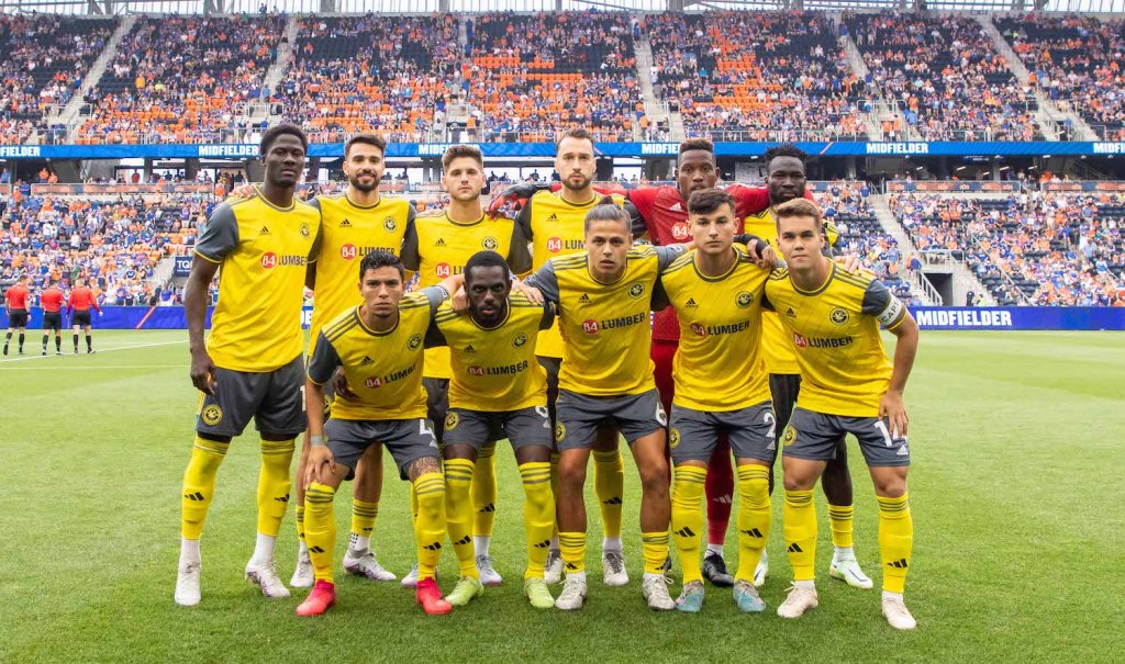 Riverhounds players pose for a team photo ahead of their U.S. Open Cup quarterfinal against FC Cincinnati at TQL Stadium on June 6, 2023.