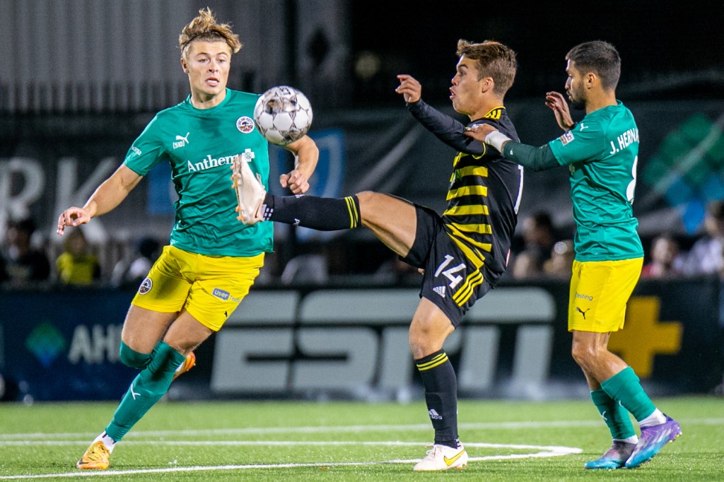 Riverhounds midfielder Robbie Mertz controls the ball against Oakland Roots SC in the Hounds' 3-1 win Oct. 15, 2022 at Highmark Stadium.