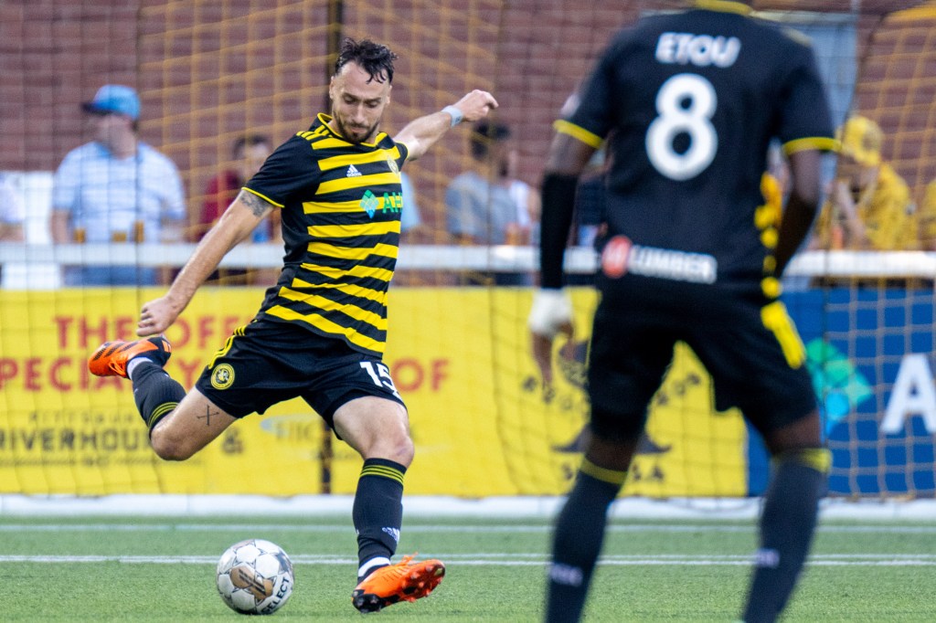 Joe Farrell clears the ball for the Riverhounds in their 0-0 draw with Louisville at Highmark Stadium on July 1, 2023.