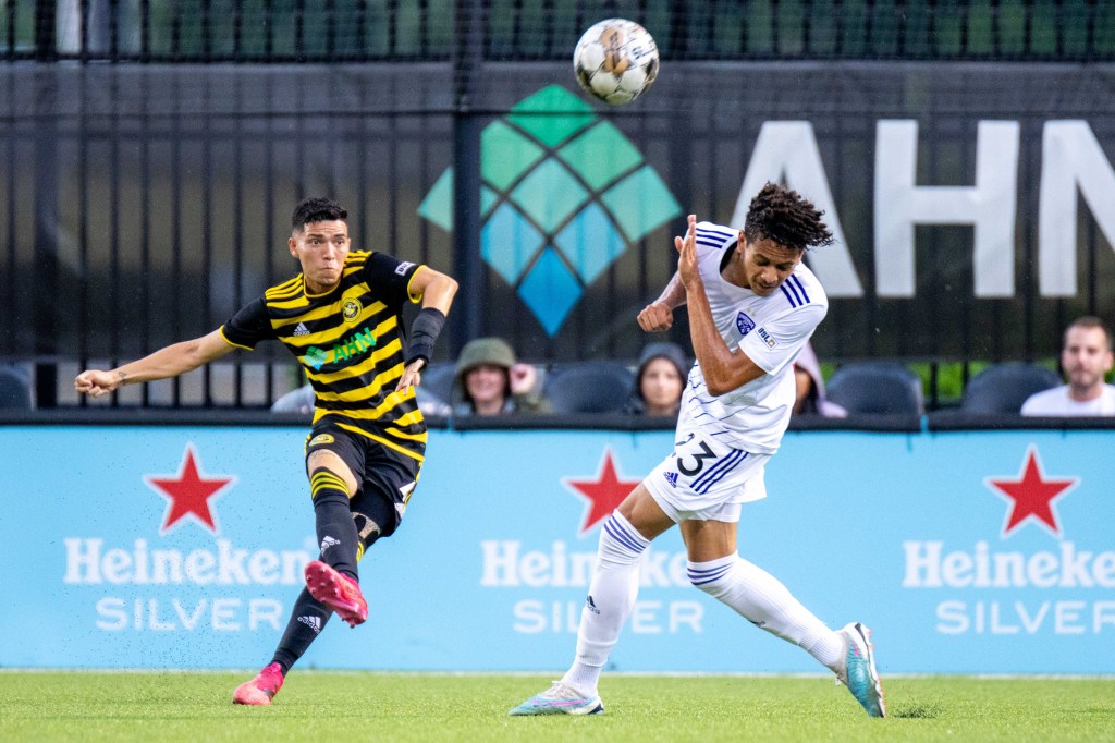 Dani Rovira clears the ball for the Riverhounds in their 0-0 draw with Louisville City FC on July 1, 2023 at Highmark Stadium in Pittsburgh.