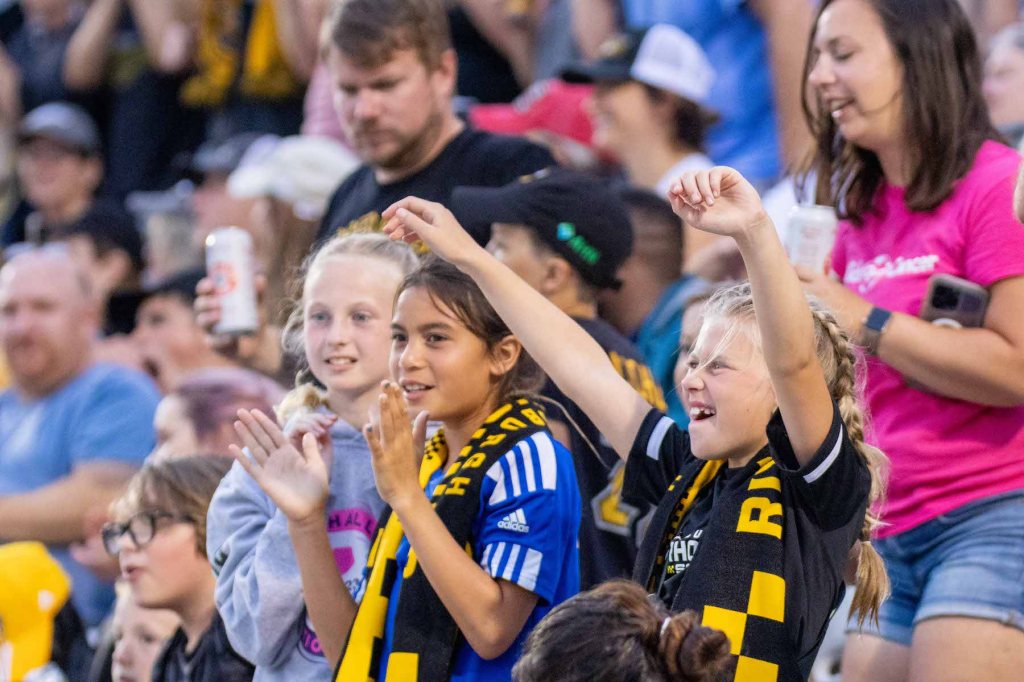 Riverhounds fans celebrate during the 2-0 win over Detroit City FC on July 15, 2023 at Highmark Stadium.