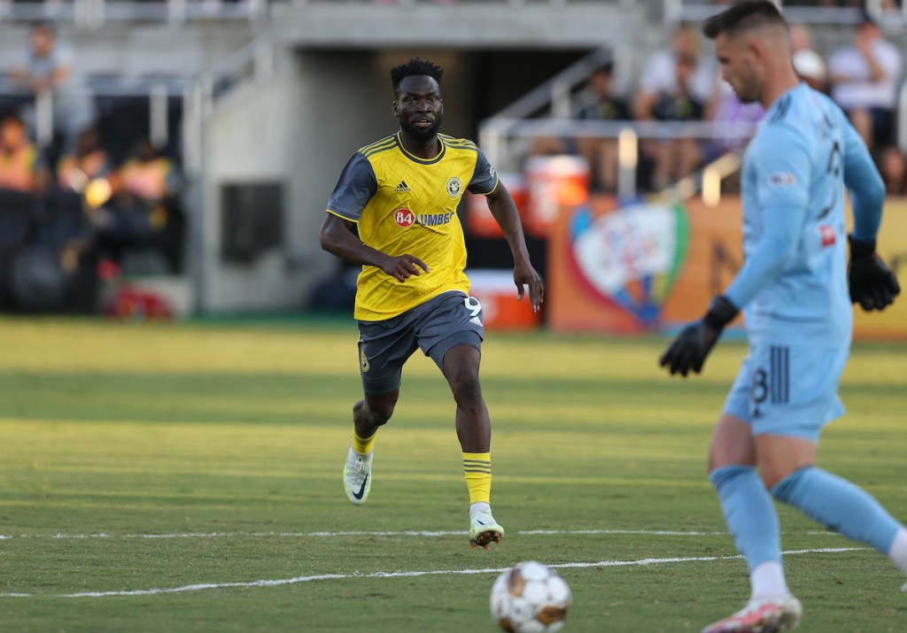 Albert Dikwa scored the only goal in the Riverhounds' 1-0 win over Louisville City FC at Lynn Family Stadium on July 12, 2023 in Louisville, Ky.