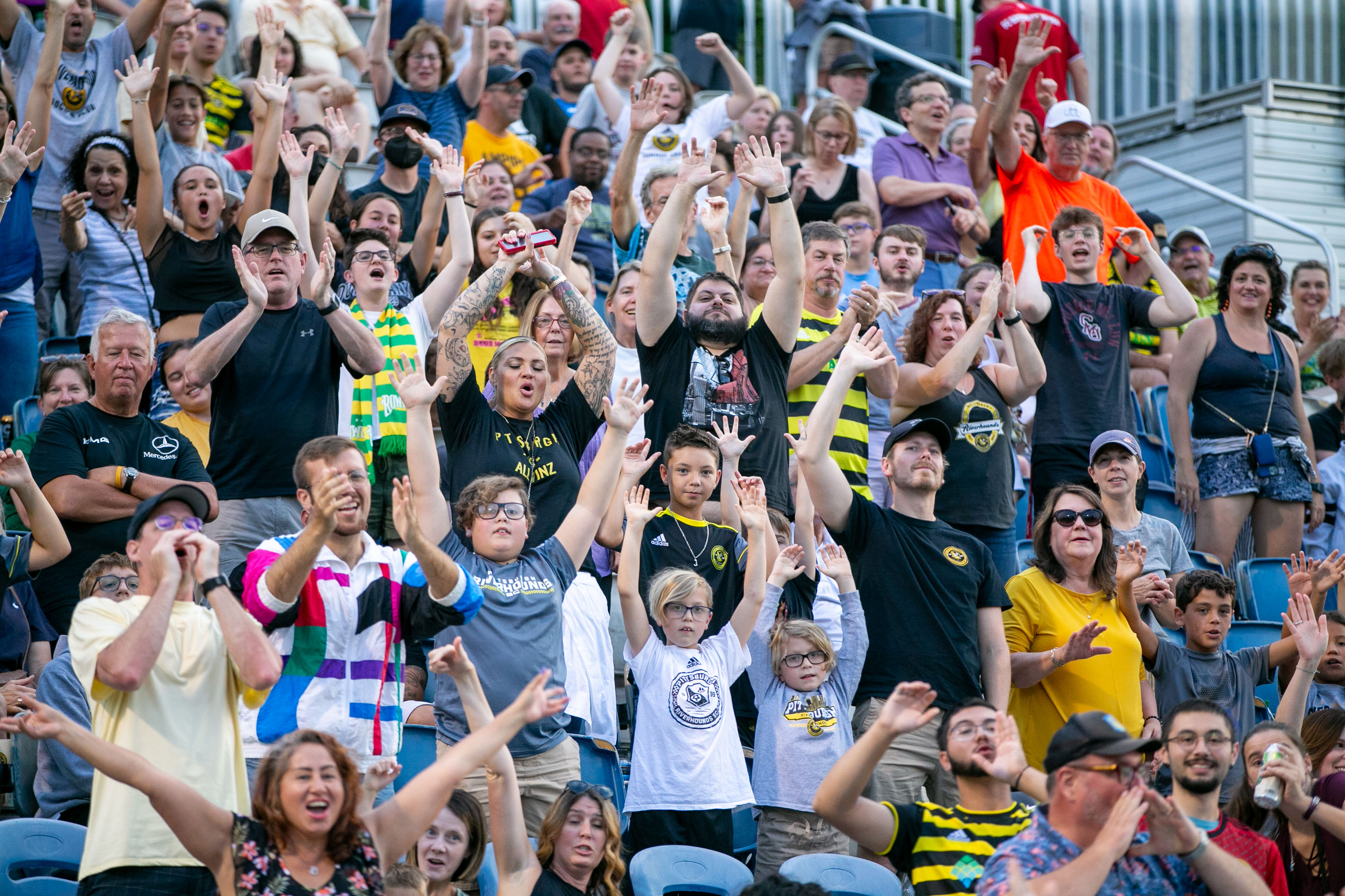 Hounds fans celebrate during the team's 1-0 win over the Tampa Bay Rowdies on Aug. 5, 2023 at Highmark Stadium.