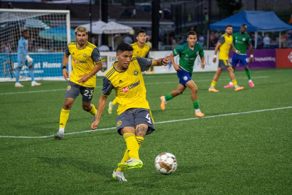 Dani Rovira clears the ball during the Riverhounds' 4-3 win at Hartford Athletic on Wednesday, Aug. 23 at Trinity Health Stadium in Hartford, Conn.