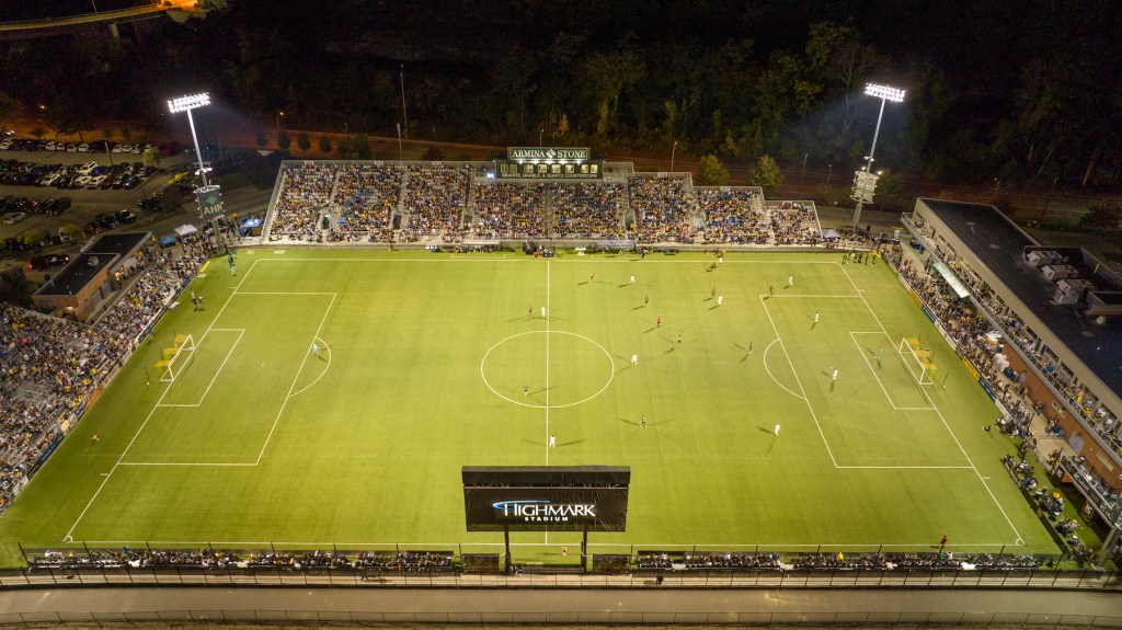 Aerial view of Highmark Stadium during the Riverhounds' 3-2 win over FC Tulsa on Sept. 30, 2023.