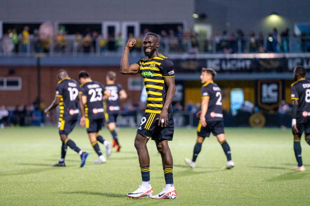 Riverhounds striker Albert Dikwa celebrates after scoring his first of two goals against FC Tulsa on Sept. 30, 2023.