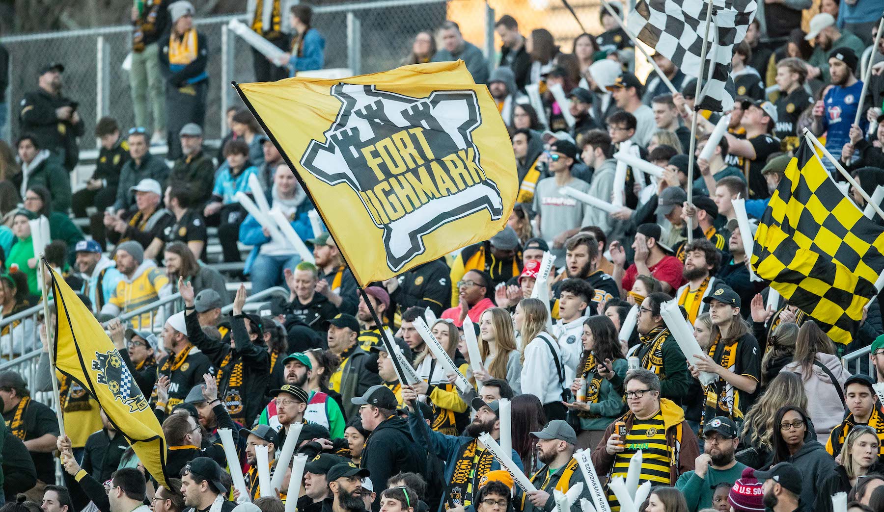 Fans cheer prior to the start of the Riverhounds' 2024 home opener against Orange County on March 16 at Highmark Stadium.