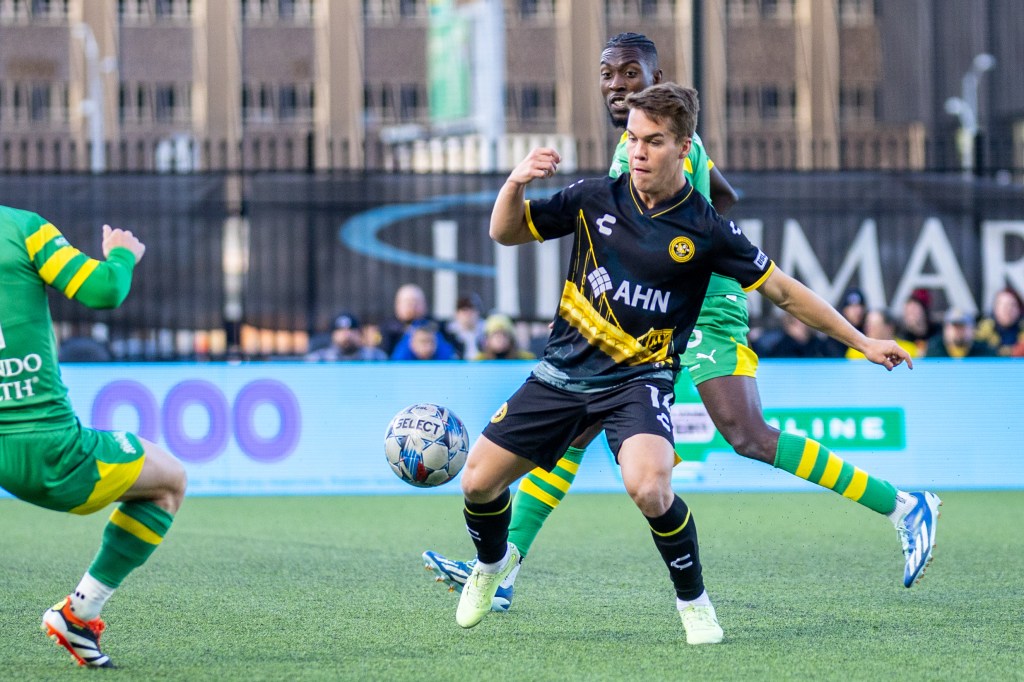 Robbie Mertz wins the ball in the Hounds' 0-0 draw with the Tampa Bay Rowdies on April 6, 2024 at Highmark Stadium.