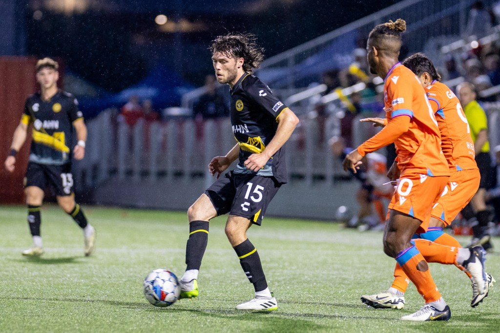 Bradley Sample plays a pass in the Riverhounds' 1-0 win over Miami FC on May 4, 2024 at Highmark Stadium. (Photo: Chris Cowger/Riverhounds SC)