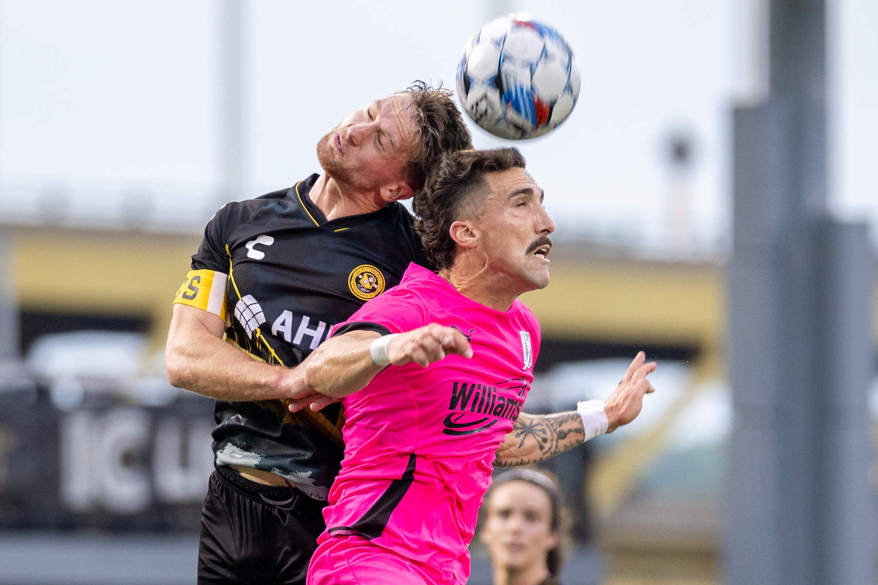Pierre Cayet wins a header for the Hounds in their 1-0 loss to FC Tulsa in the U.S. Open Cup on May 7, 2024 at Highmark Stadium. (Photo: Chris Cowger/Riverhounds SC)