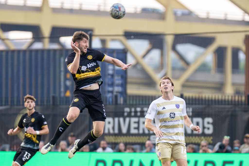 Pat Hogan Going for a head ball in the Pittsburgh Riverhounds game versus Louisville City FC at Highmark stadium.
