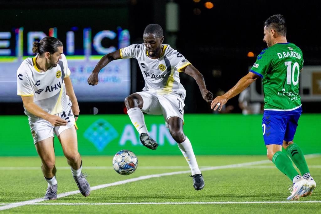 Kenardo Forbes settles the ball under pressure in the Hounds' 3-1 win over Hartford Athletic on July 20, 2024 at Highmark Stadium. (Photo: Chris Cowger/Riverhounds SC)