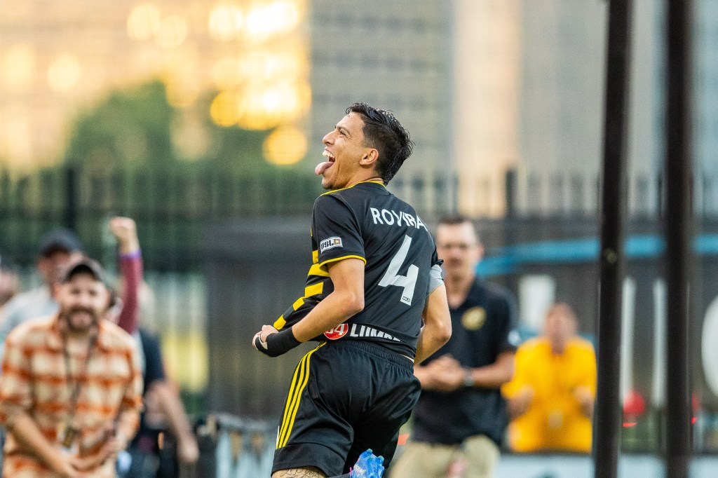 Dani Rovira celebrates his first career goal in the Hounds' 4-2 comeback win over Memphis 901 FC on July 29, 2023 at Highmark Stadium. (Photo: Mallory Neil/Riverhounds SC)