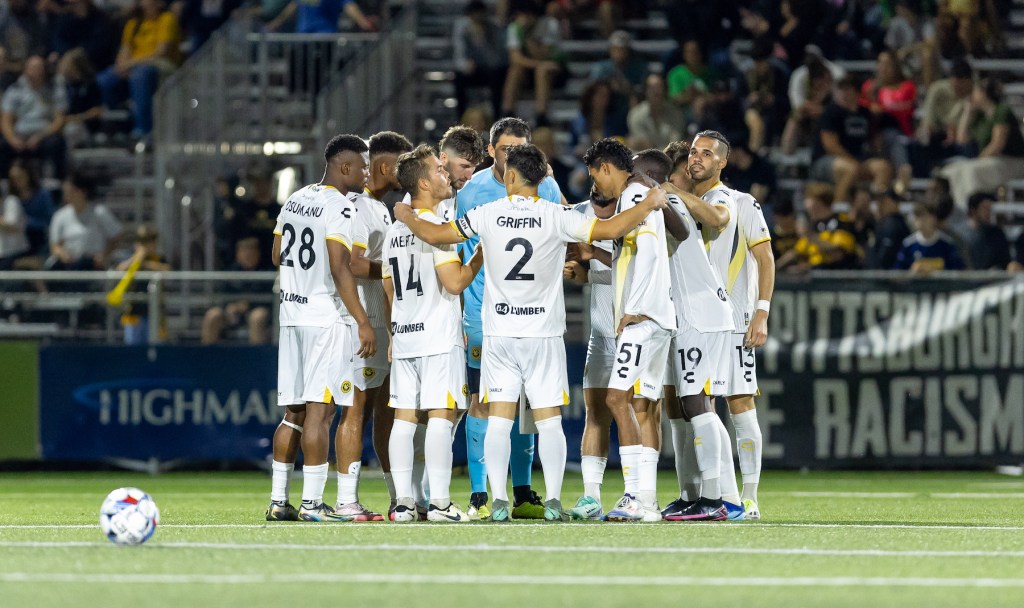 Hounds players gather before their match against Birmingham Legion FC on Sept. 28, 2024 at Highmark Stadium during 2024 playoff push. (Photo: Mallory Neil/Riverhounds SC)