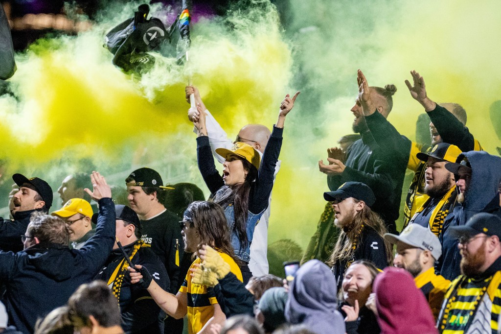 Fans celebrate after a Pittsburgh Riverhounds goal in the team's 2-0 win over El Paso Locomotive FC on Oct. 26, 2024, at Highmark Stadium. (Photo: Chris Cowger/Riverhounds SC)