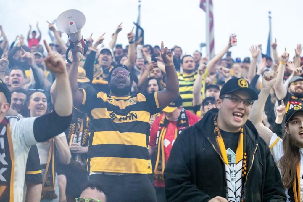 Pittsburgh Riverhounds fans celebrate the opening goal of the team's 2-0 win over Birmingham Legion FC on March 29, 2025 at Highmark Stadium in Pittsburgh. (Photo: Mallory Neil/Riverhounds SC)