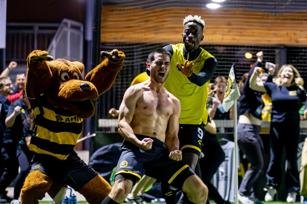 Beto Ydrach celebrates after scoring the Riverhounds' game-winning goal against New York City FC in the Lamar Hunt U.S. Open Cup Round of 32 on May 7, 2025 at Highmark Stadium. (Photo: Chris Cowger/Riverhounds SC)