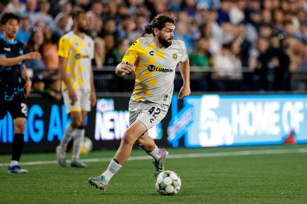 Riverhounds midfielder Jackson Walti looks up before passing the ball in the team's match against the Colorado Springs Switchbacks on May 17, 2025 at Weidner Field in Colorado Springs, Colo. (Photo: Isaiah J. Downing/Switchbacks FC)
