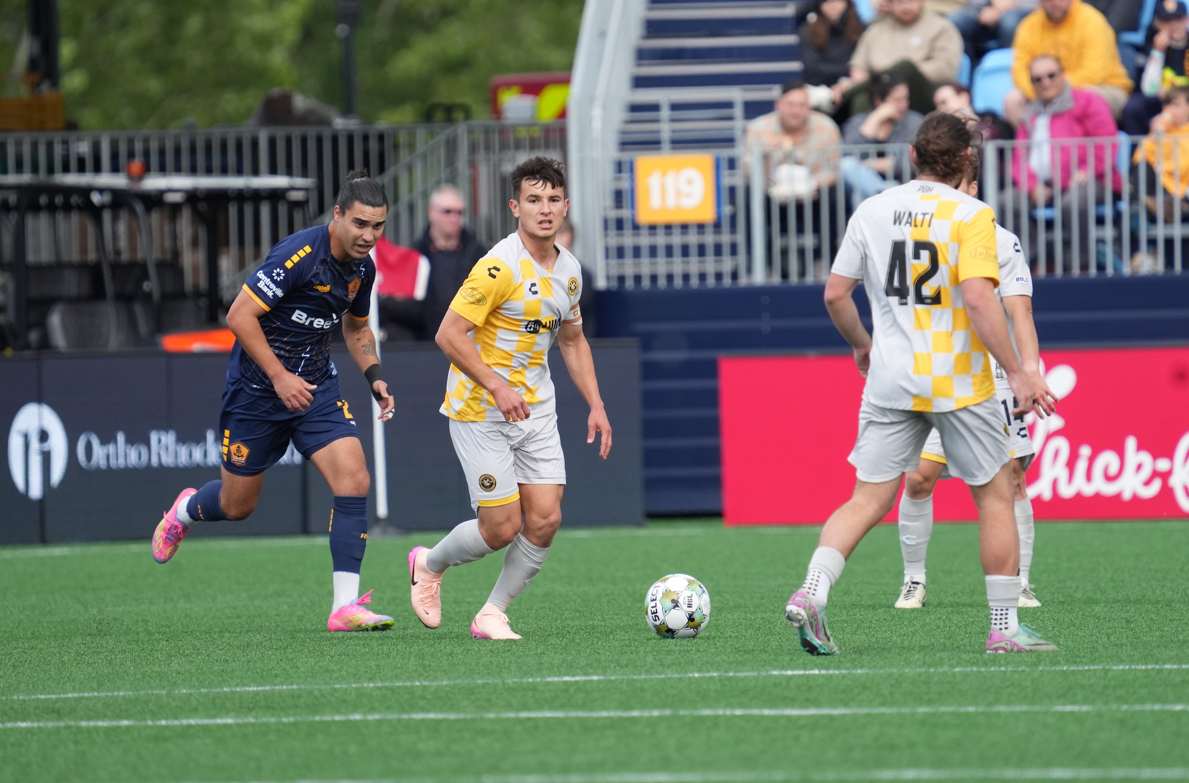 Danny Griffin looks for a pass in the Pittsburgh Riverhounds' 1-0 win over Rhode Island FC on May 24, 2025 at Centreville Bank Stadium in Pawtucket, R.I. (Photo: Rhode Island FC)