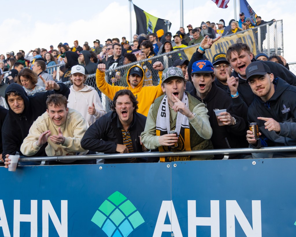 Fans cheer before kickoff of the Pittsburgh Riverhounds' USL Jägermeister Cup match against Rhode Island FC on May 31, 2025 at Highmark Stadium in Pittsburgh. (Photo: John Sykes/Riverhounds SC)