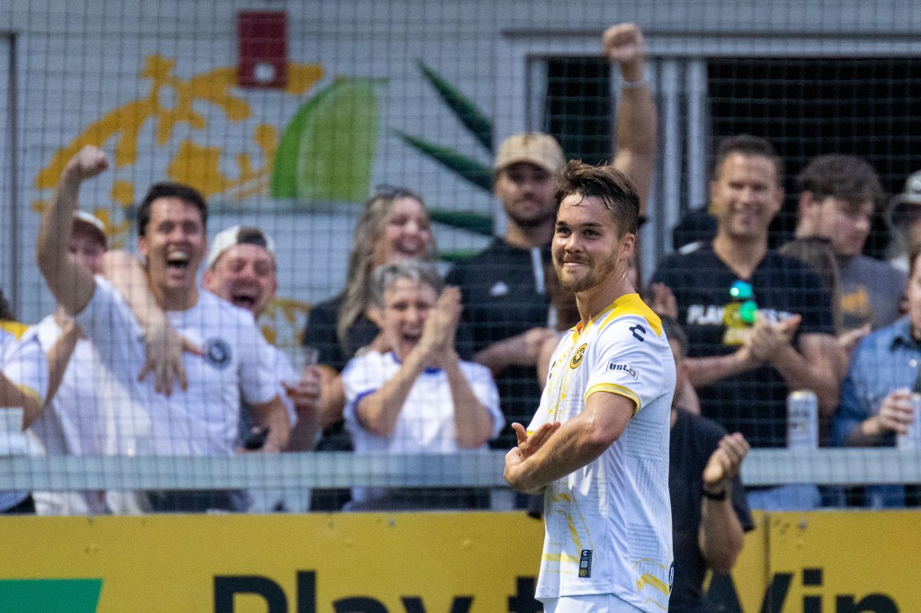 Robbie Mertz celebrates his 20th goal as a member of the Riverhounds with a cradle-rocking celebration in honor of the birth of his first son this week. The Hounds defeated Detroit City FC, 2-0, on June 7, 2025 at Highmark Stadium in Pittsburgh. (Photo: Chris Cowger/Riverhounds SC)