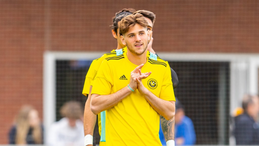 Then 22-year-old Luke Biasi steps onto the field to warm up before what would be his professional debut, an April 2, 2022 match against Loudoun United FC at Highmark Stadium. (Photo: Mallory Neil/Riverhounds SC)