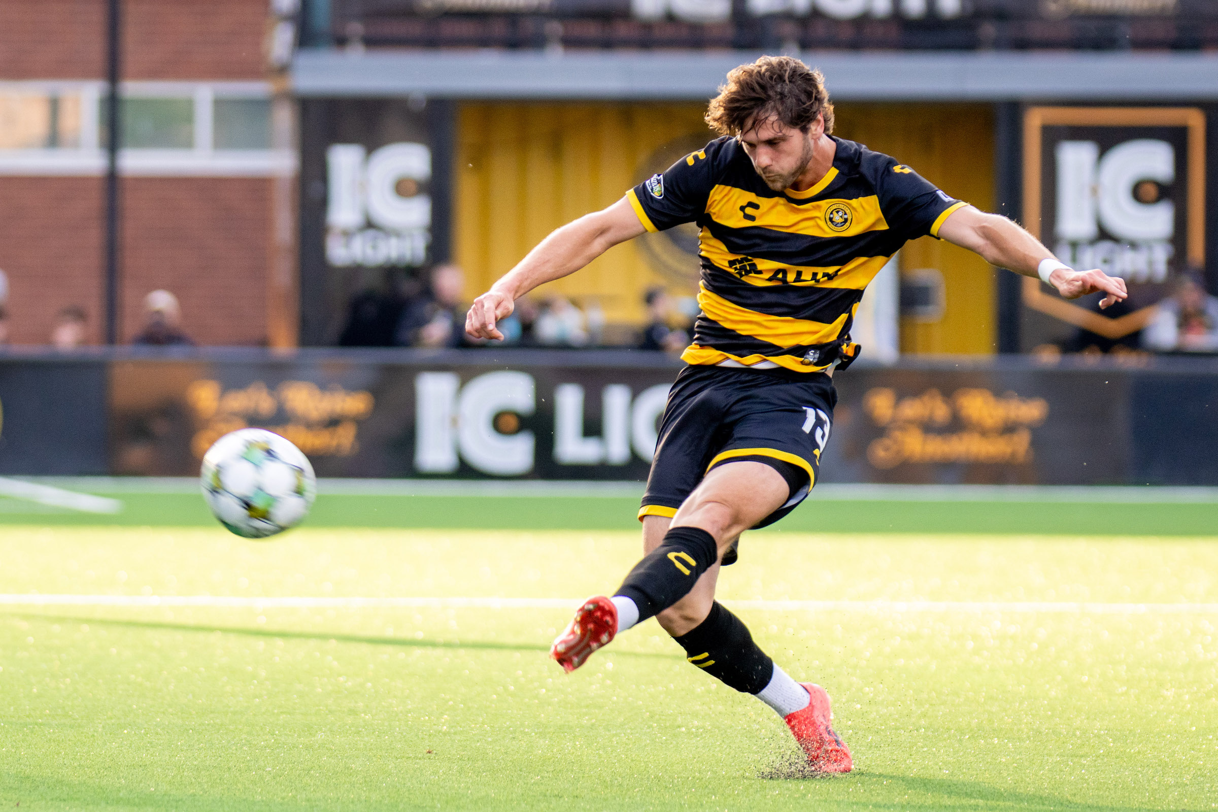 Luke Biasi plays a pass across the field in the Pittsburgh Riverhounds' 1-0 win over New York City FC in the U.S. Open Cup on May 7, 2025 at Highmark Stadium in Pittsburgh. (Photo: Chris Cowger/Riverhounds SC)