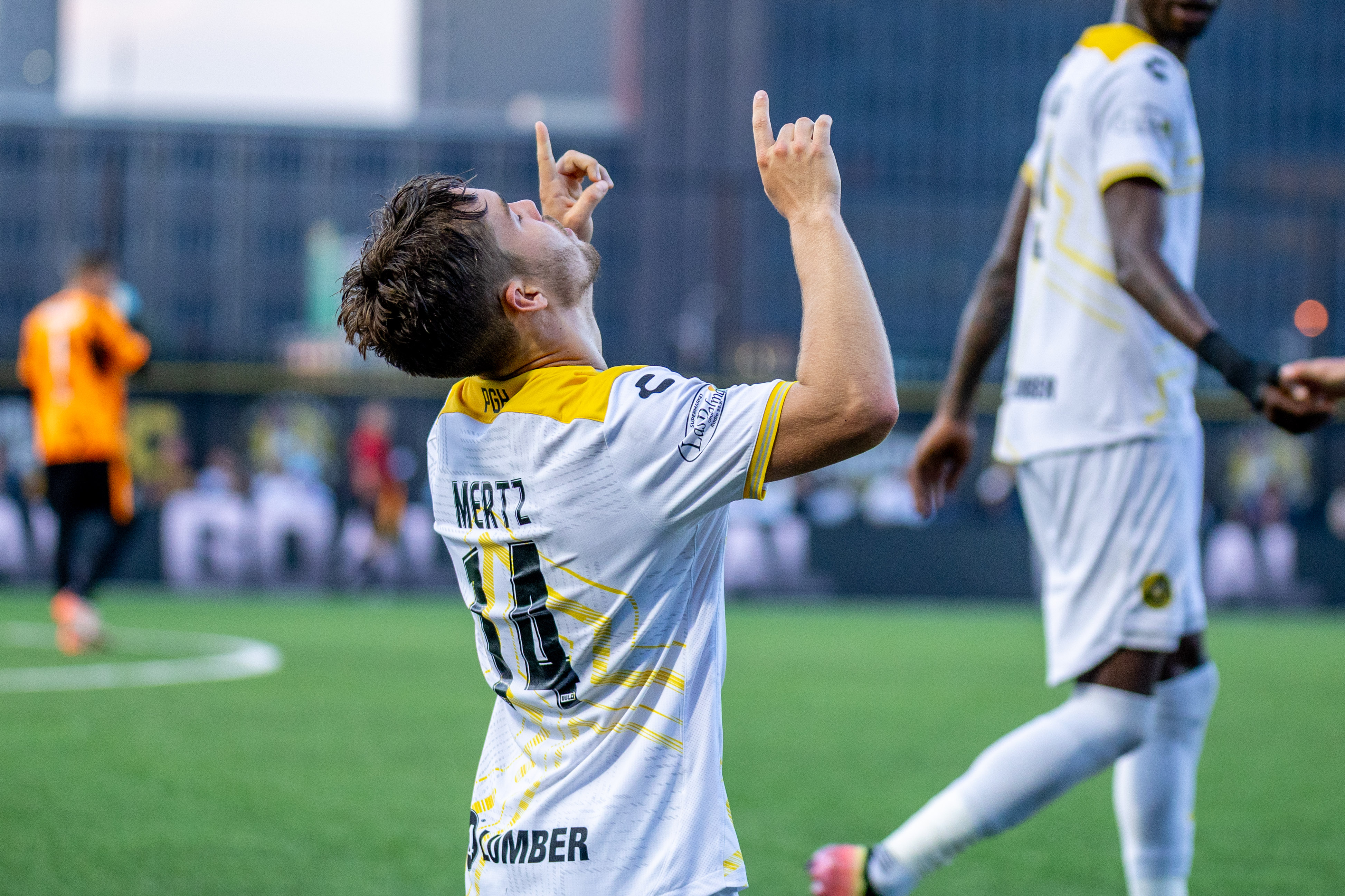 Robbie Mertz looks skyward after scoring the winning goal in the Pittsburgh Riverhounds 1-0 victory over New Mexico United on July 4, 2025 at Highmark Stadium in Pittsburgh. (Photo: Chris Cowger/Riverhounds SC)