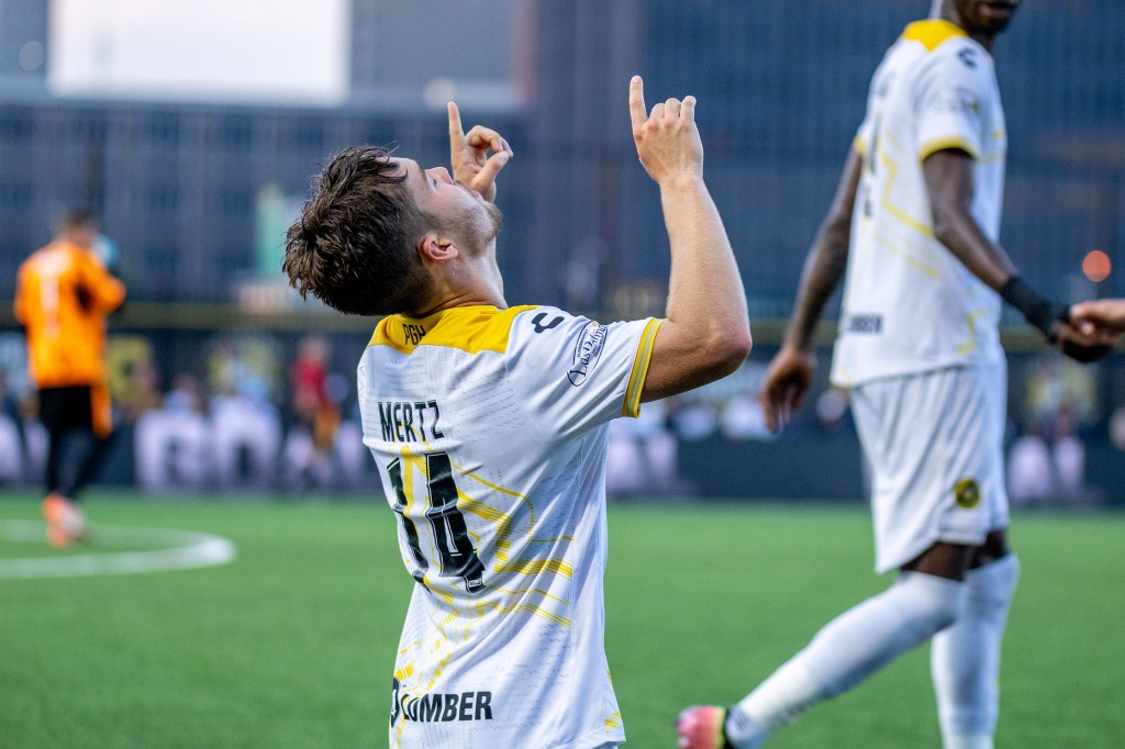 Robbie Mertz looks skyward after scoring the winning goal in the Pittsburgh Riverhounds 1-0 victory over New Mexico United on July 4, 2025 at Highmark Stadium in Pittsburgh. (Photo: Chris Cowger/Riverhounds SC)