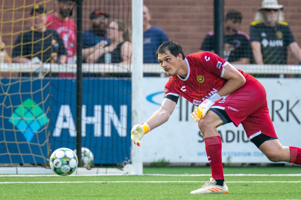 Pittsburgh Riverhounds goalkeeper Eric Dick rolls the ball out from his goal in the team's 1-1 draw with Miami FC on July 29, 2025 at Highmark Stadium in Pittsburgh. (Photo: Chris Cowger/Riverhounds SC)
