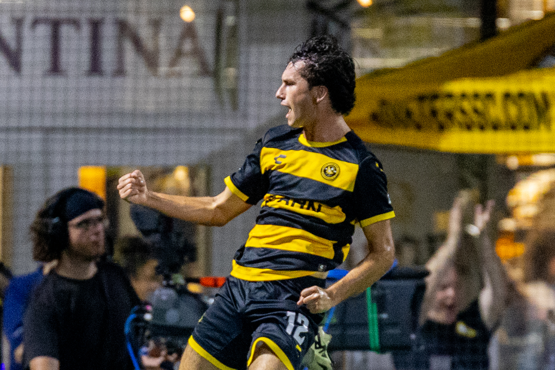 Charles Ahl celebrates after scoring his first professional goal, which gave the Pittsburgh Riverhounds a 1-1 draw with Miami FC on July 29, 2025 at Highmark Stadium in Pittsburgh. (Photo: Chris Cowger/Riverhounds SC)