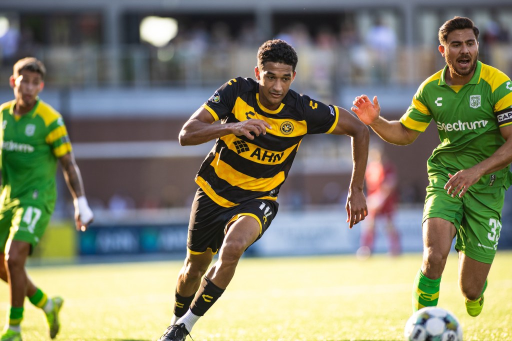 Bertin Jacquesson chases down the ball in the Pittsburgh Riverhounds' 2-1 win over the Tampa Bay Rowdies on June 21, 2025 at Highmark Stadium in Pittsburgh. (Photo: Ryan Shaffer/Riverhounds SC)