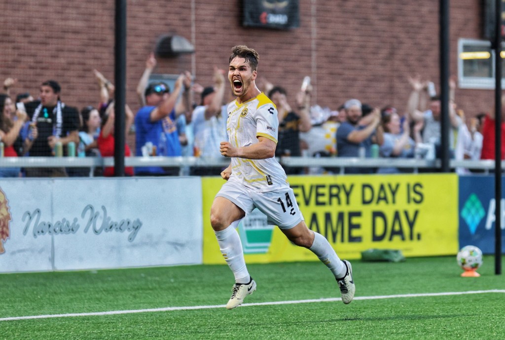 Robbie Mertz celebrates after scoring the game-winning goal for the Pittsburgh Riverhounds in their 1-0 win over New Mexico United on July 4, 2025 at Highmark Stadium in Pittsburgh. (Photo: Chris Cowger/Riverhounds SC)