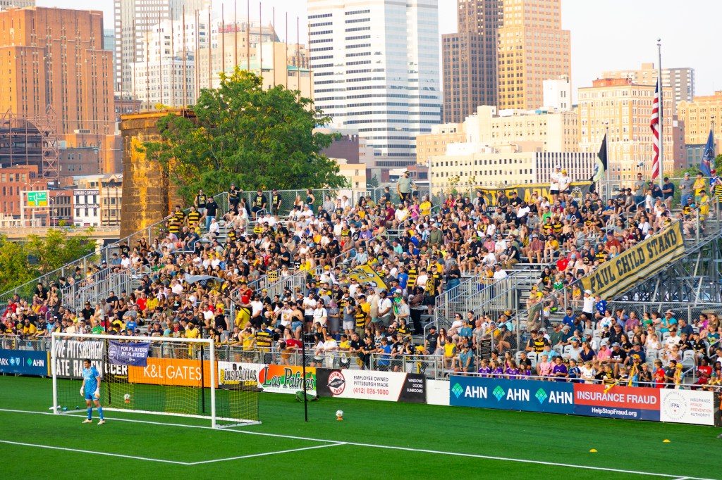 Fans cheer from a packed Paul Child Stand at Highmark Stadium during the Pittsburgh Riverhounds' match against Orange County SC on Aug. 9, 2025. (Photo: John Sykes/Riverhounds SC)