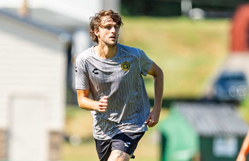 New Riverhounds signing Chase Boone runs during a practice session on Aug. 12, 2025 at AHN Montour in Coraopolis, Pa. (Photo: Mallory Neil/Riverhounds SC)
