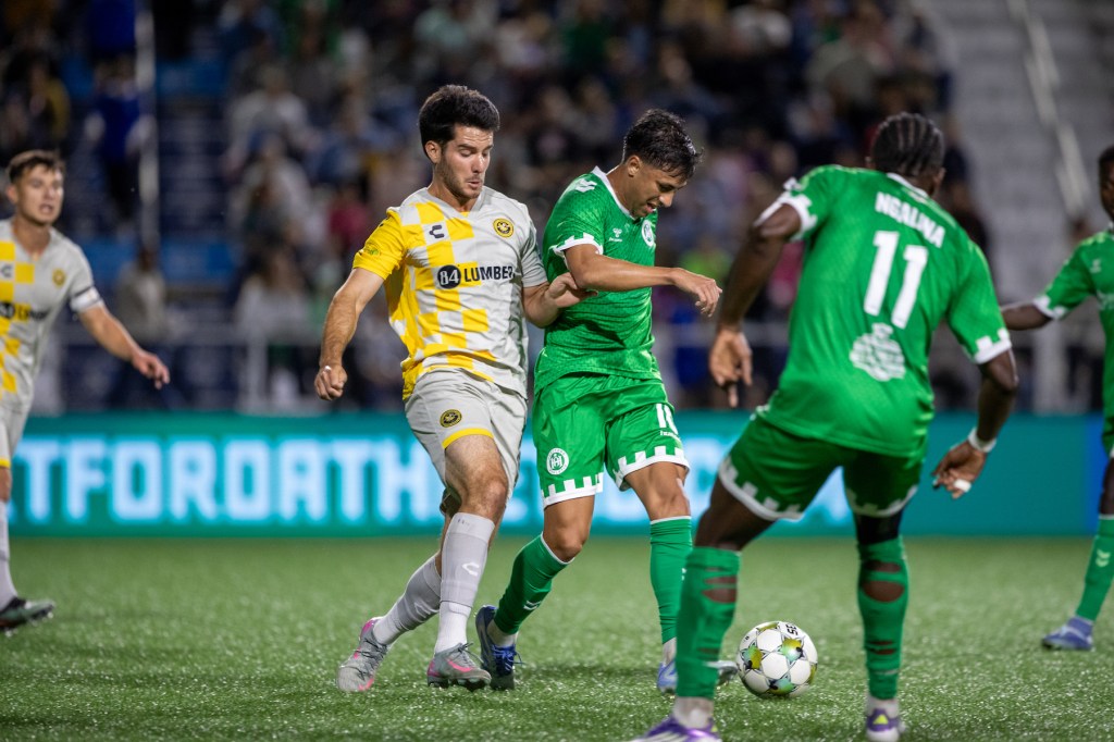 Beto Ydrach challenges Hartford Athletic's Samuel Careaga for the ball in the Pittsburgh Riverhounds' 2-1 win on Sept. 20, 2025 at Trinity Health Stadium in Hartford, Conn. (Photo: Hartford Athletic)
