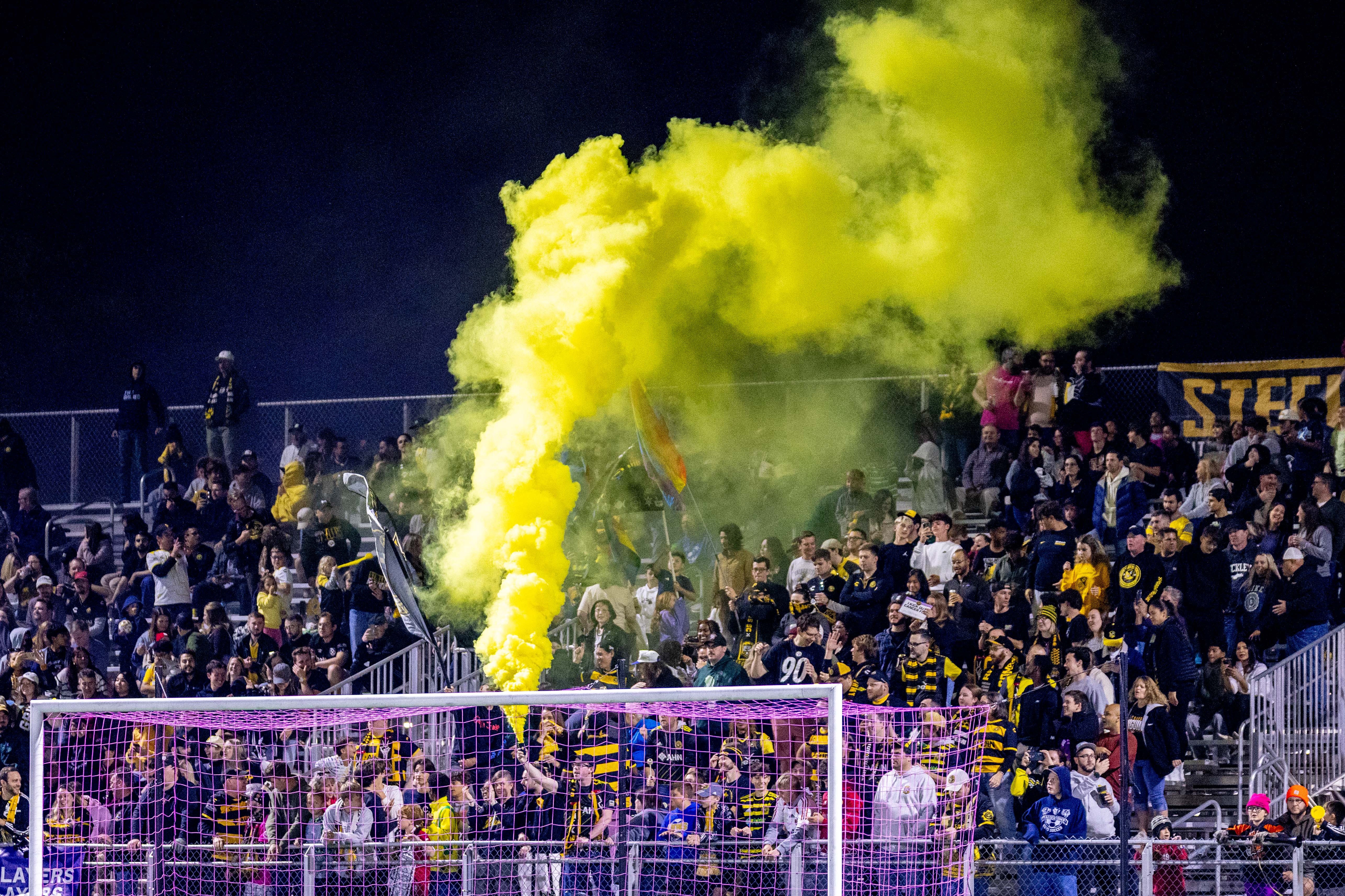 Fans in the Paul Child Stand celebrate during the Pittsburgh Riverhounds' 2-1 win over Indy Eleven on Oct. 11, 2025 at Highmark Stadium in Pittsburgh. (Photo: Chris Cowger/Riverhounds SC)