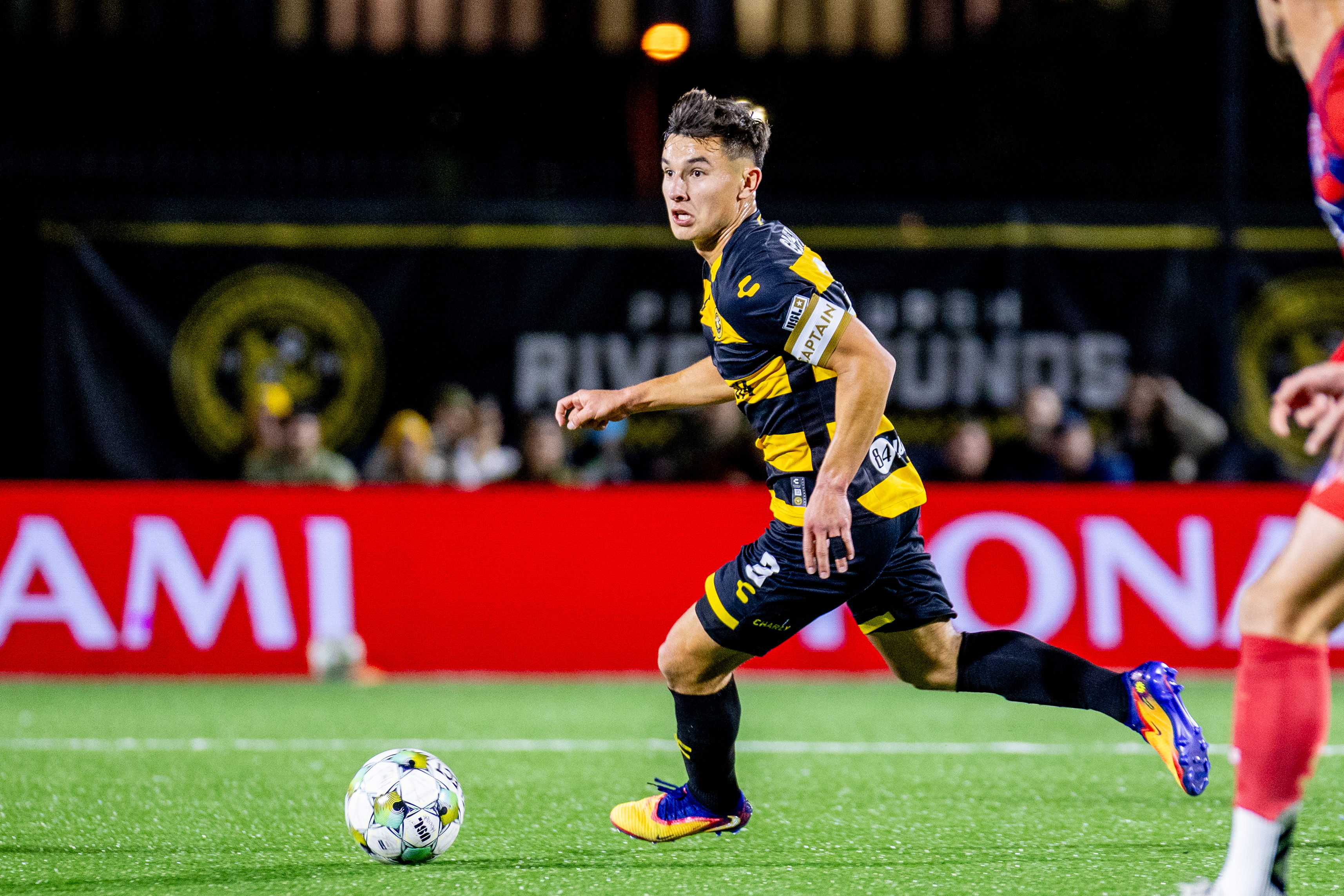 Danny Griffin turns with the ball for the Pittsburgh Riverhounds in their 2-1 win over Indy Eleven on Oct. 11, 2025 at Highmark Stadium in Pittsburgh. (Photo: Chris Cowger/Riverhounds SC)