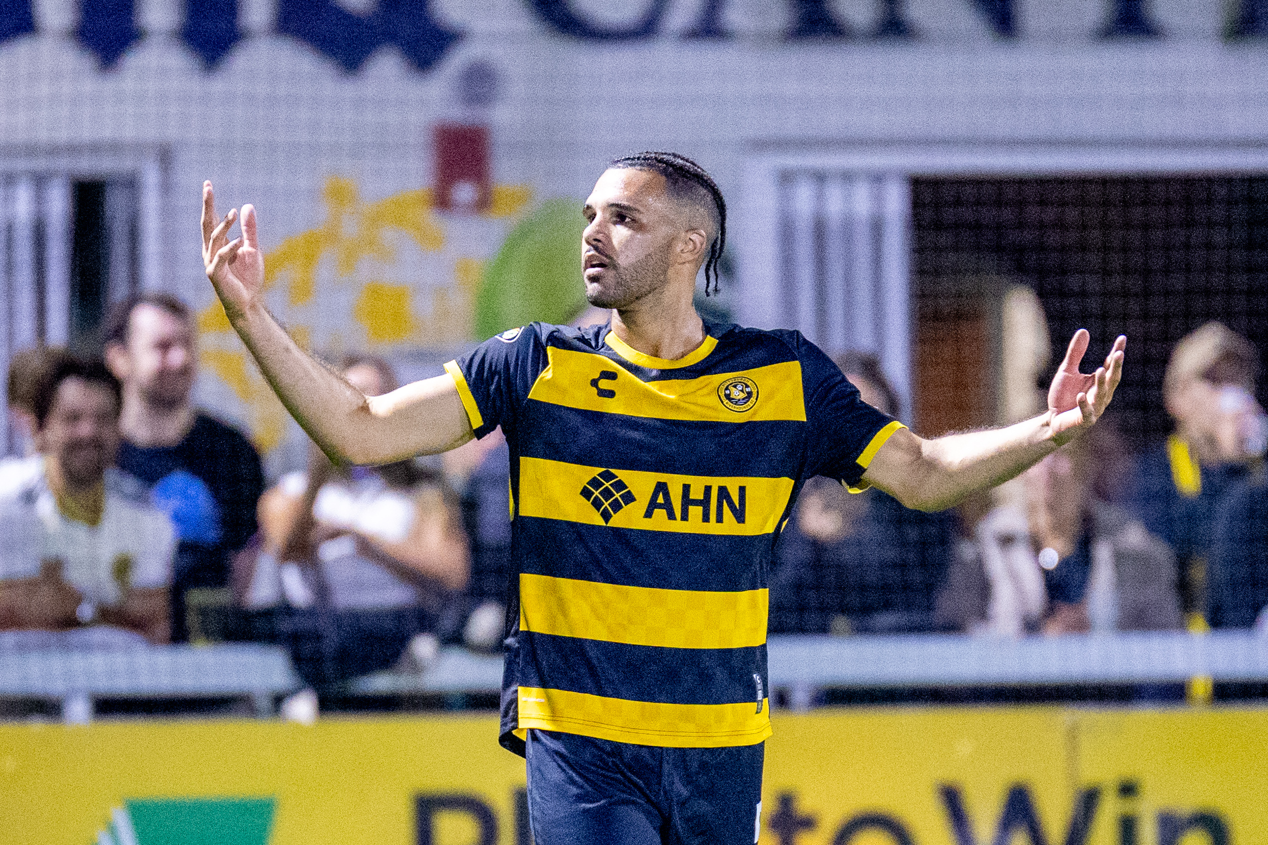 Pittsburgh Riverhounds SC defender Sean Suber looks toward the crowd after scoring in the team's 2-1 win over Indy Eleven on Oct. 11, 2025 at Highmark Stadium in Pittsburgh. (Photo: Chris Cowger/Riverhounds SC)